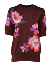 Dolce & Gabbana Maroon Floral Silk Crew Neck Blouse Top